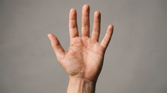 Close-up of an open palm facing upward against a neutral soft gray background, fingers naturally spread with visible skin texture, subtle shadows beneath fingers creating depth,