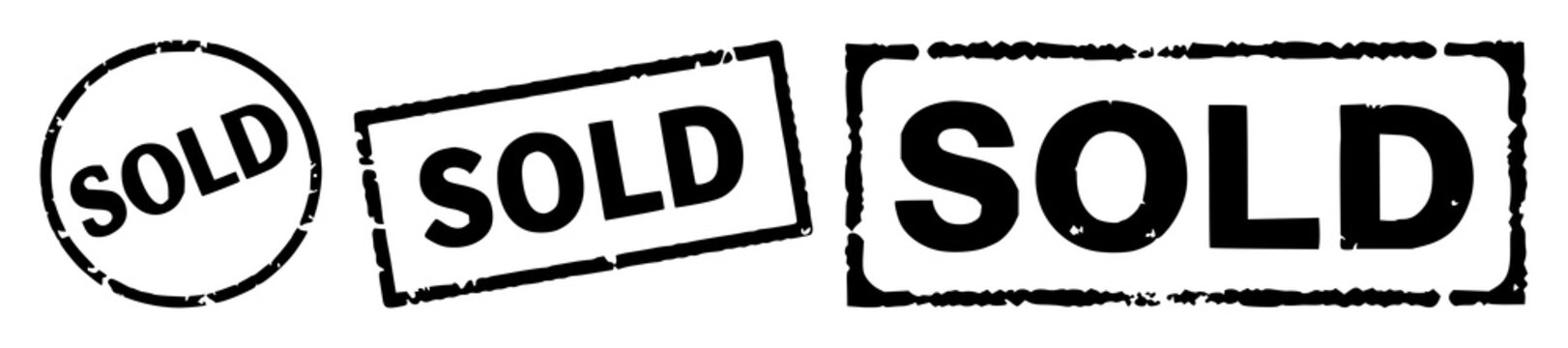 Solid black icon, white background: sold stamp icon set with simple line art design featuring simple design, minimalist, black and white with illustrations and graphics