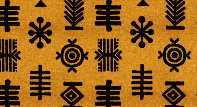 African Mudcloth Fabric Pattern Background with Tribal Symbols