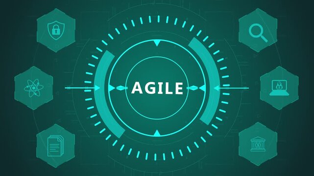 Agile Workflow Management Concept Circular HUD Interface with Business Icons on Dark Digital Background Showing Dynamic Process and Team System