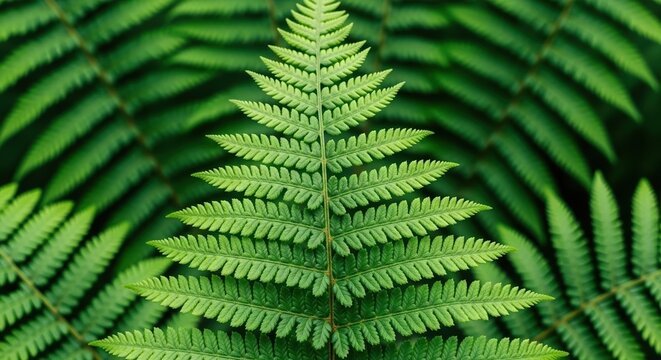 Lush Green Fern Frond Macro Close-up, Tropical Forest Background