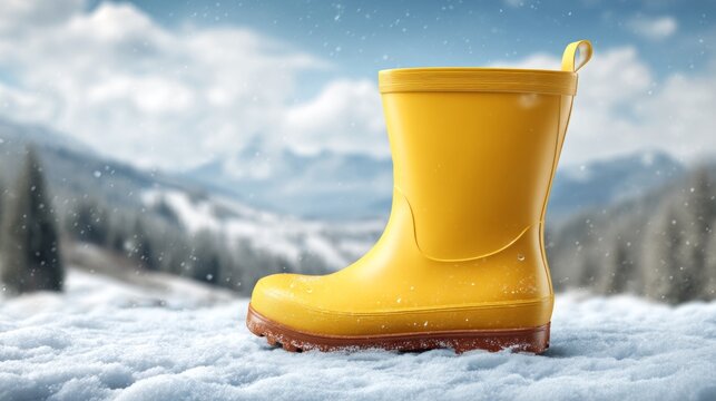 Bright Yellow Rain Boot Standing Upright in Snowy Landscape with Mountains