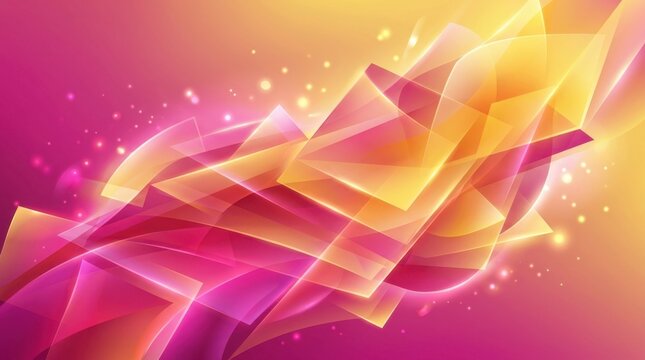 Vibrant magenta melting into golden yellow across layered geometric shapes, ethereal light effects creating dimensional depth, translucent overlays stacked to produce luminous
