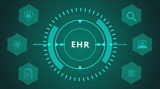 EHR Electronic Health Records System Interface with Circular Medical HUD Design and Healthcare Icons on Dark Digital Background Showing Patient Data Flow