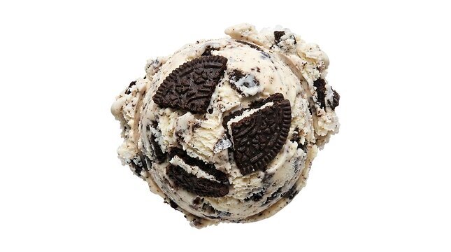 Single scoop of cookies and cream ice cream with dark chocolate cookie chunks isolated
