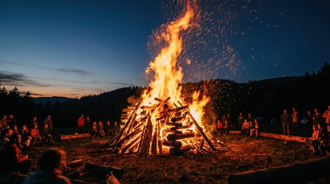 Roaring bonfire at dusk with massive flames reaching skyward, bright orange and yellow fire consuming stacked timber, sparks and embers flying upward into darkening sky,