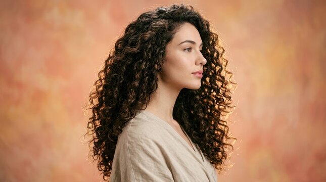 Profile view of a person with thick, bouncy curls cascading past shoulders, intricate curl pattern catching studio light with dimensional shine, serene expression gazing sideways,