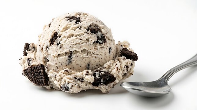 A single scoop of cookies and cream ice cream with dark chocolate cookie pieces and a spoon