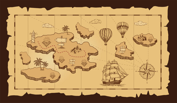 Old treasure map sketch. Hand drawn illustrations.