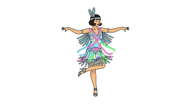 Woman wearing colorful flapper dress dancing energetically Gudang Uyah