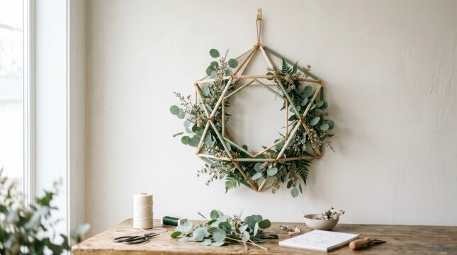 Modern geometric wreath hanging on a neutral wall, constructed from painted wooden dowels and metallic accents, fresh eucalyptus greenery woven through the geometric framework,
