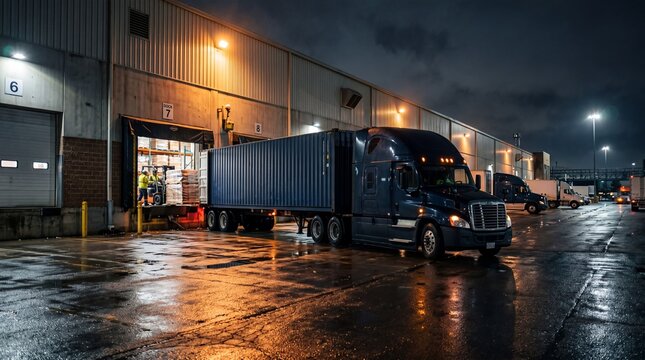 Warehouse bay door at night with container truck loading cargo, dramatic lighting and reflections, logistics concept