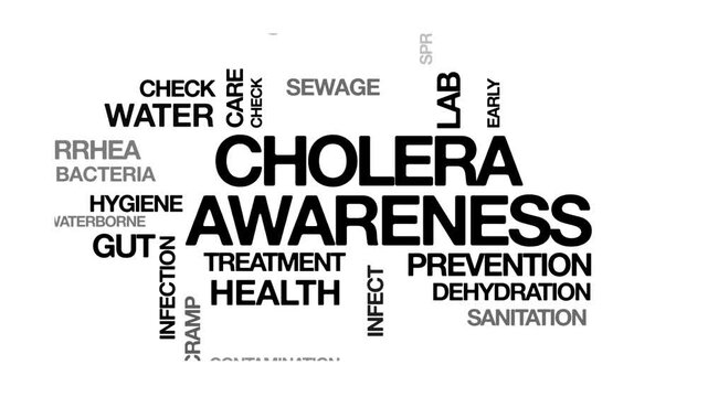 cholera awareness concept Animated Tag Word Cloud kinetic typography, Text Design Animation typography seamless loop video motion graphics Intro Wordart black type on white background bg backdrop camp