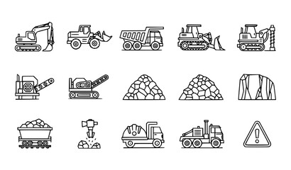 Mining equipment 15 icon set excavator dump truck quarry outline vector © MSTROTNA