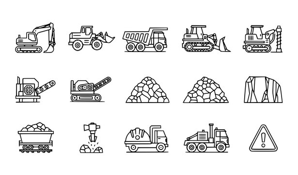 Mining equipment 15 icon set excavator dump truck quarry outline vector