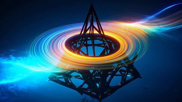 Abstract geometric structure with colorful light rings ideal for cinematic storytelling and documentaries