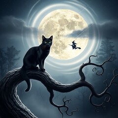 Obraz premium Black cat sits on a gnarled branch under a full moon with a witch flying