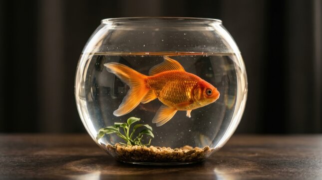 Round glass bowl containing single goldfish swimming, curved transparent walls creating magnified view of fish's movements, scales reflecting amber and orange hues, minimal water