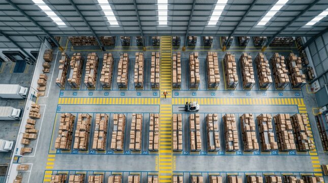 Overhead drone view of warehouse floor with systematically organized inventory in labeled zones, worker walking through clearly marked pathways between minimal stock areas,