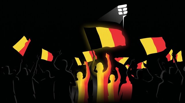 Belgium Football Fans Shadows Celebrating with Belgian Flag