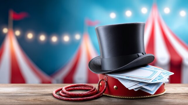 Elegant Ringmaster Hat and Whip on Podium Ready for Circus Performance