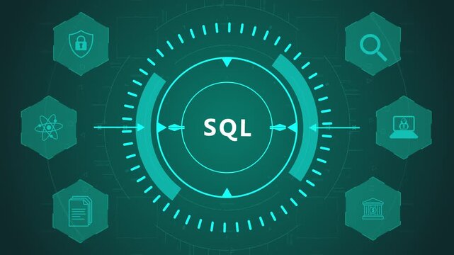 SQL Database Query Interface with Circular Coding HUD and Data Management Icons on Dark Digital Background Representing Structured Query System Flow