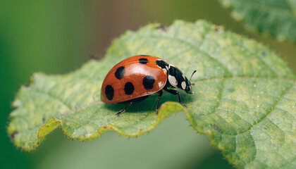 Fototapeta premium Ladybug on a green leaf in nature