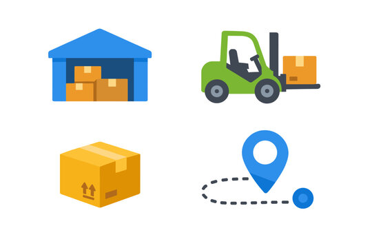 Set of four colorful flat vector logistics icons featuring a blue warehouse with boxes, a green forklift carrying a package, a cardboard shipping box, and a location pin with a tracking path.