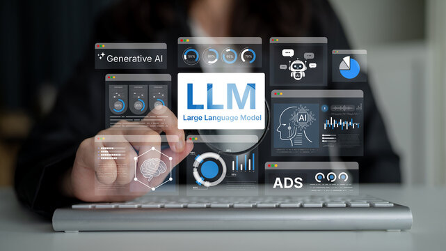 Large Language Model LLM processing data. Represents deep text learning, natural language processing NLP AI tech, transformer architecture, and generative AI deep learning future technology. Corpus