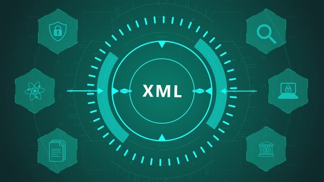 XML Data Format Interface with Circular Coding HUD and Structured Markup Icons on Dark Digital Background Representing Data Exchange System