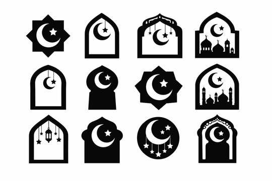 Set of Islamic Ramadan Window Frame Silhouettes with Crescent Moon, Stars, and Mosque Ornaments for Eid Mubarak Celebration, Arabic Architecture Geometric Shapes and Decorative Elements Vector