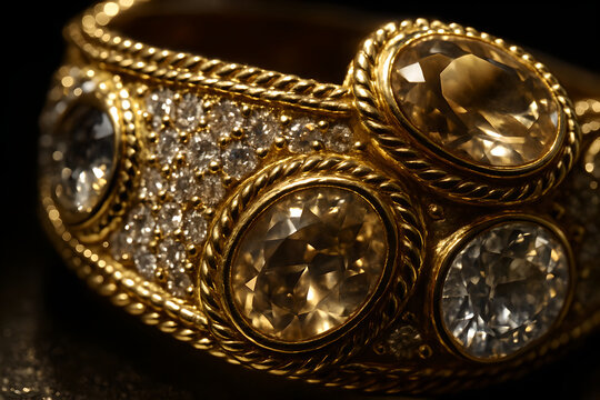 Luxury Gold Ring With Gemstones and Diamonds Close-Up &mdash; Elegant Fine Jewelry Detail Photography