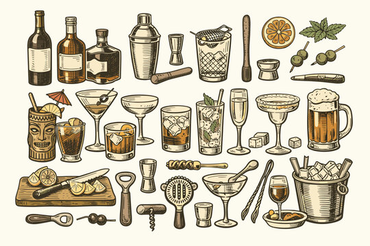 Vintage Hand-Drawn Bar Collection Featuring Cocktails, Shakers, Glasses, Bottles, and Barware Elements. Engraving Style Illustration of Alcohol Drinks, Mixology Tools, and Garnishes for Menus.