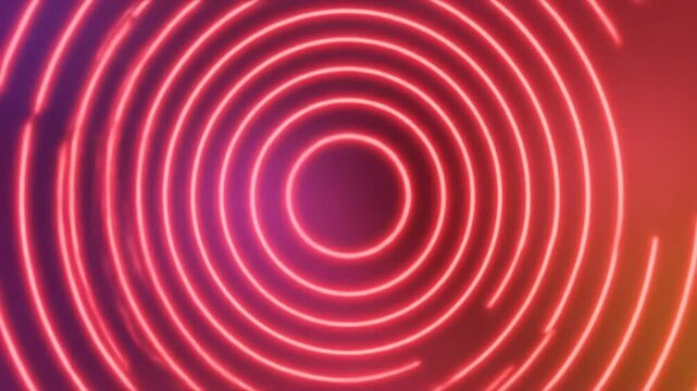 Neon circle pattern growing outwards, pulsating red rings on a colorful blurred background, futuristic technology concept