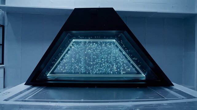 Triangular glass tank with floating spheres symbolizing creativity, art, and imagination
