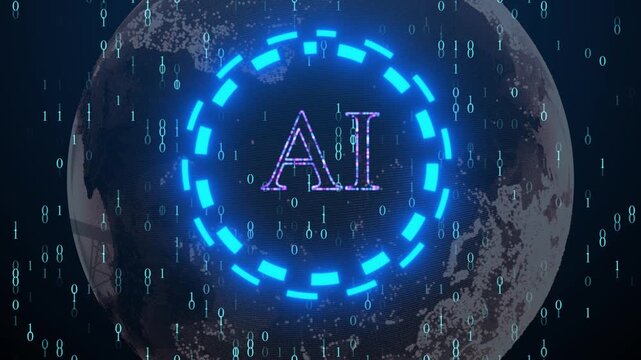 Futuristic Digital Animation Featuring Glowing AI Text Centered Within A Rotating Neon Blue Circular Interface, Overlaying A Transparent Dotted Global Sphere With Falling Binary Code Data Stream On A 