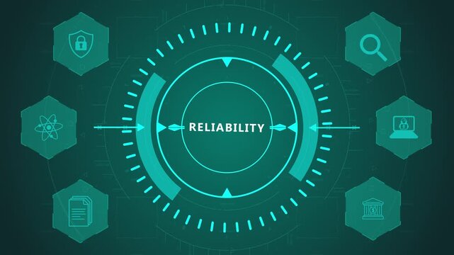 Reliability System Concept with Circular Digital Interface and Performance Icons on Dark Technology Background Showing Stability and Consistent Operation Flow