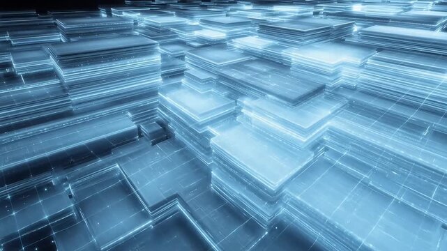 Stacked glowing blue panels in a digital grid symbolizing innovation and digital transformation