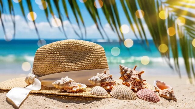 Straw hat and seashells on sandy beach with ocean background
