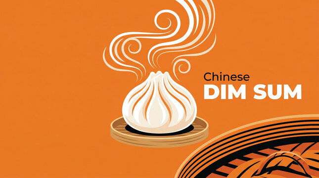Chinese Dim Sum Vector Illustration. Steaming hot dumpling xiao long bao in a traditional bamboo steamer on orange background. Asian food concept for restaurant menu, banner, and food packaging