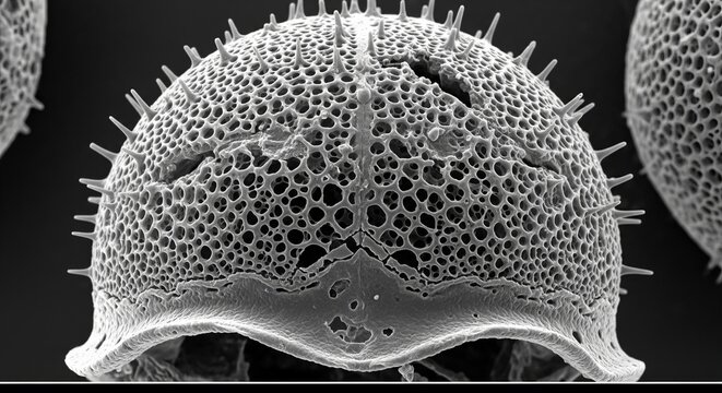 A microscopic view of a diatom's intricate structure and texture