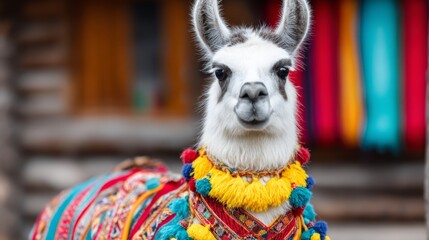 Fototapeta premium Colorful Andean Festival Outfit Worn by Llama with Vibrant Decorations