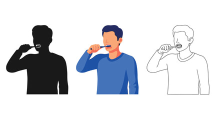 Fototapeta premium Minimalist vector illustration set showing a man brushing his teeth in different artistic style variations