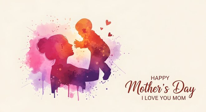 Watercolor silhouette of mother and child celebrating mother's day
