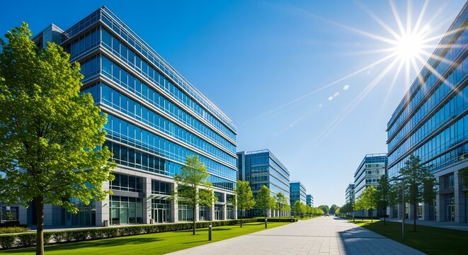 Modern glass office building on a sunny day with blue sky