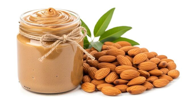 Almond butter delight jar almonds and fresh green leaves composition
