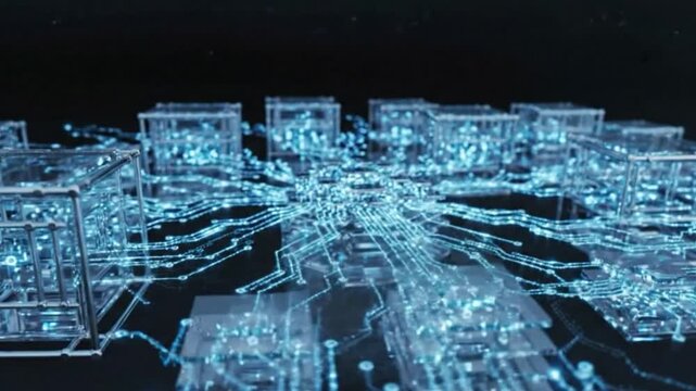Abstract High-Tech Glowing Blue Network Cubes and Digital Circuit Lines for AI, Big Data, and Quantum Computing Concept Background