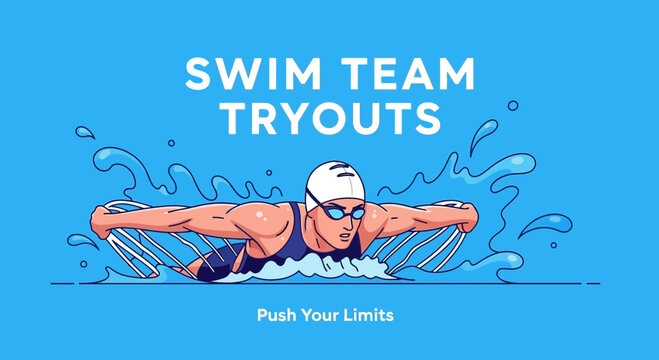 Swimming Competition Advertisement With Blue Background And Cartoon Character