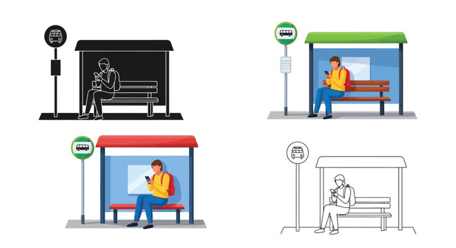 Person waiting for a public bus at the stop in this professional vector graphic illustration set