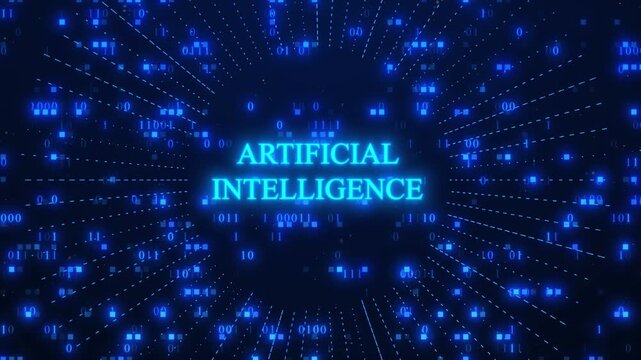 A Futuristic Digital Animation Featuring Glowing Cyan Artificial Intelligence Typography Centered On A Dark Blue Background With Radiating Dotted Lines, Binary Code Sequences, And Shimmering Blue